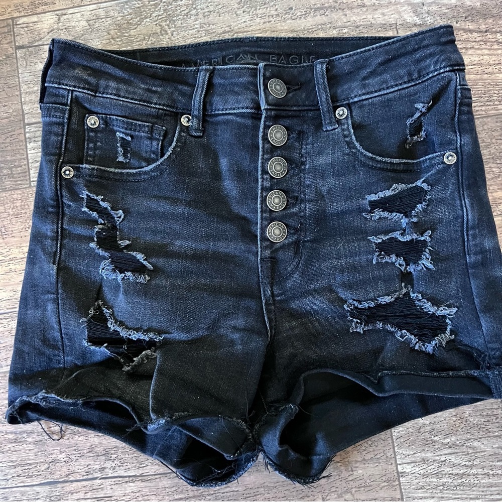 Black Ripped American Eagle Next Level Stretch High Waisted Jean Shorts